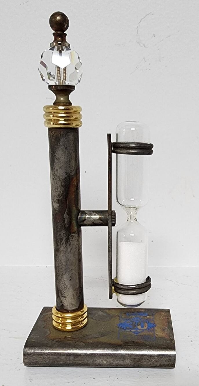 Vintage Brass Hourglass Timer on Stand – 3‑Min Promo Piece, Crystal Finial